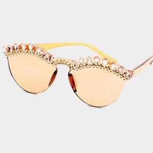 Brown & Peach Crystal Rimless Cat Eye Sunglasses